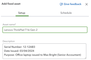 Image showing the asset details section when adding a new fixed asset on QuickBooks.